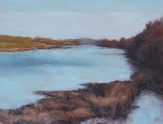 A painting of a lake in autumn