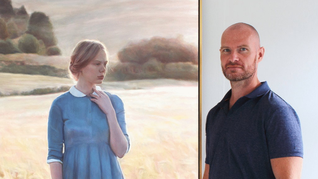 Foto af kunstneren Daniel O'Rourke ved siden af hans maleri Rubicon