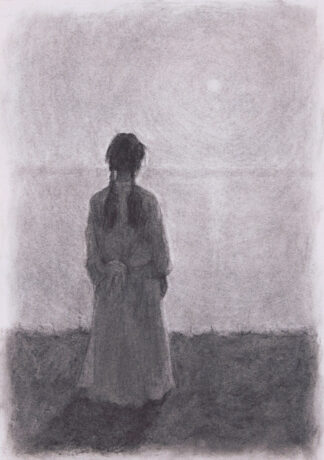 Tegning af en pige der kigger ud over vandet af Daniel O'Rourke, kunstneren på Bornholm