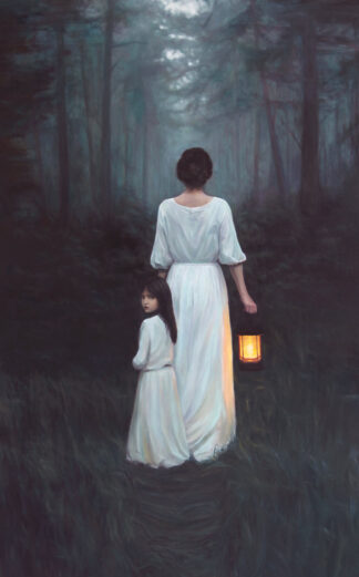 Oil painting of a woman holding a lantern in a gloomy forest with her daughter at her side. Painting by the artist Daniel John O'Rourke