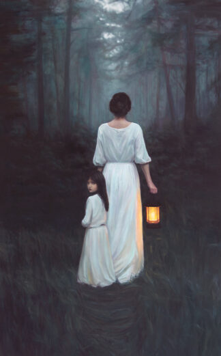 Oil painting of a woman holding a lantern in a gloomy forest with her daughter at her side. Painting by the artist Daniel John O'Rourke
