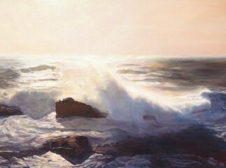 Oliemaleri af en bølge der bryder på den Bornholmkske kyst af kunstneren Daniel O'Rourke
