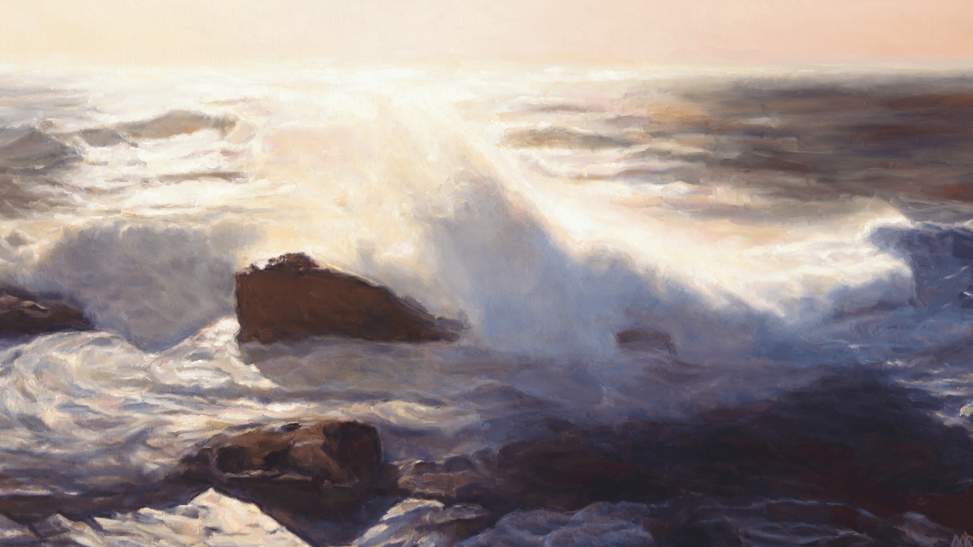 Oliemaleri af en bølge der bryder på klipper, af kunstneren Daniel O'Rourke